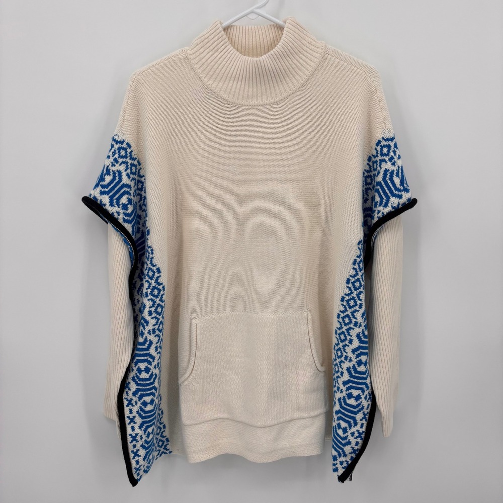 T by Talbots Sweater Poncho Women Large Cream Blue NWT Mock Neck Geometric